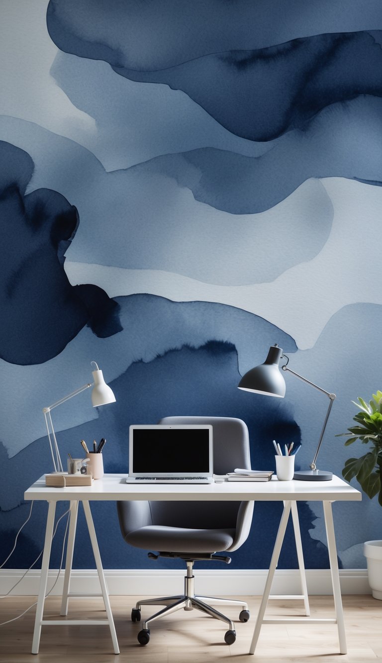 A home office with a desk, laptop, chair, and soft navy blue watercolor wallpaper in the background.