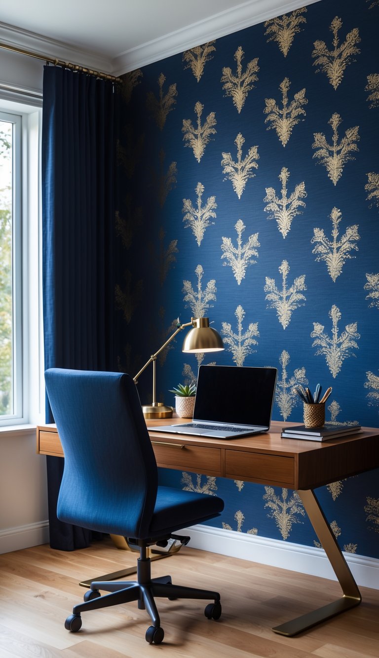 A modern home office with a wooden desk, laptop, desk lamp, ergonomic chair, and decorative navy blue wallpaper with gold accents.