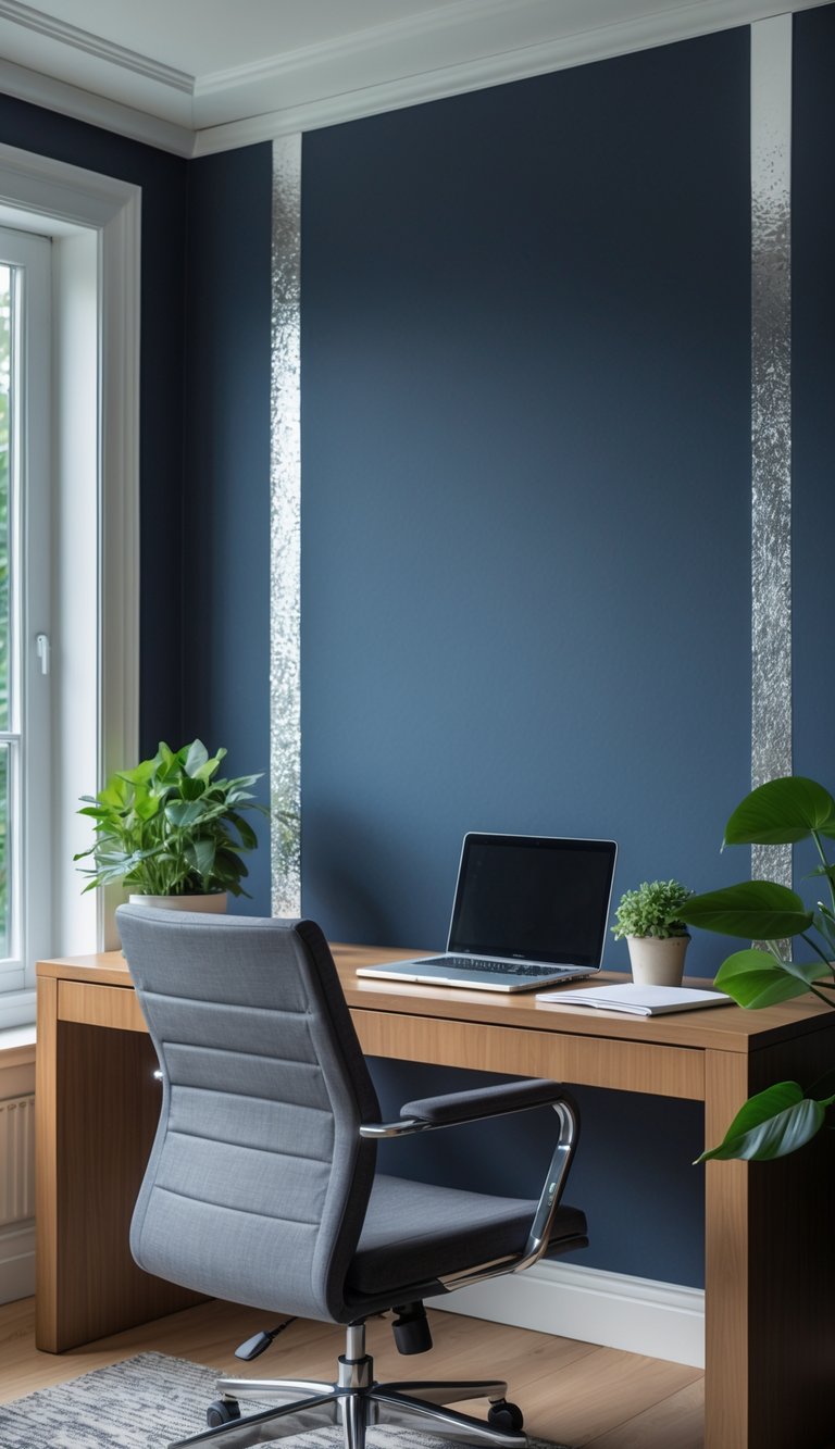 A home office with a wooden desk, laptop, plant, and a navy blue wallpapered wall with silver details.