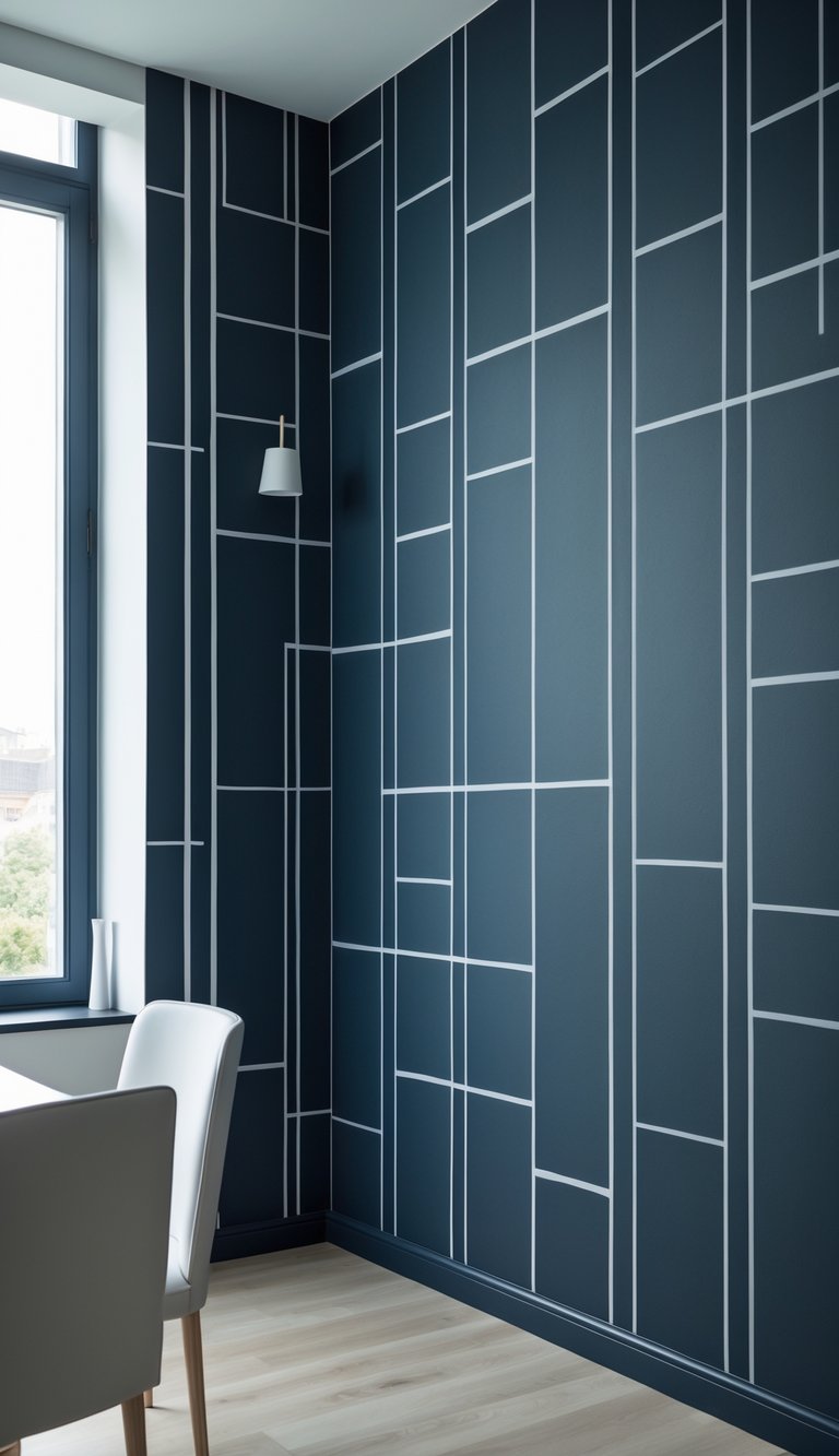 A close-up view of a navy blue wall with thin white lines in a home office.