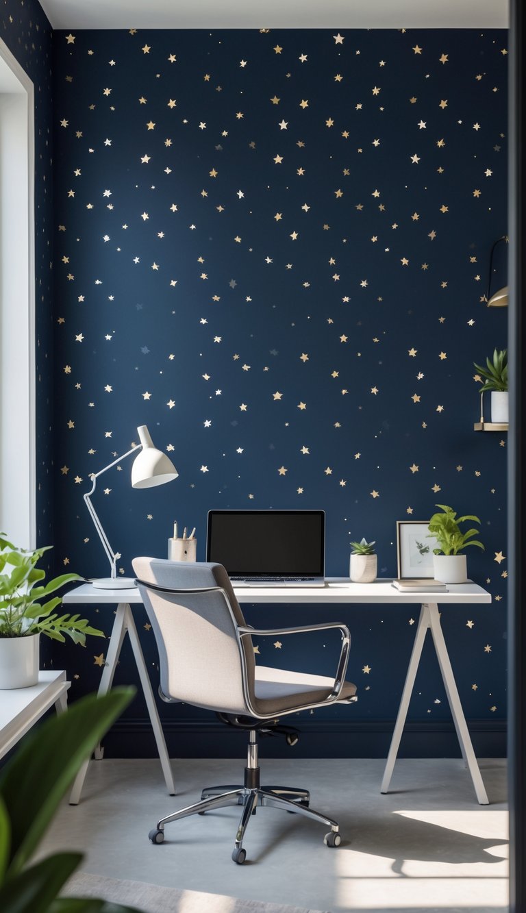A home office with a navy blue wall covered in tiny star patterns, a desk with a laptop and lamp, and plants near a window.