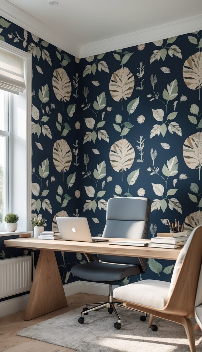 A home office with a wooden desk and ergonomic chair against a navy blue wall decorated with botanical leaf patterns.
