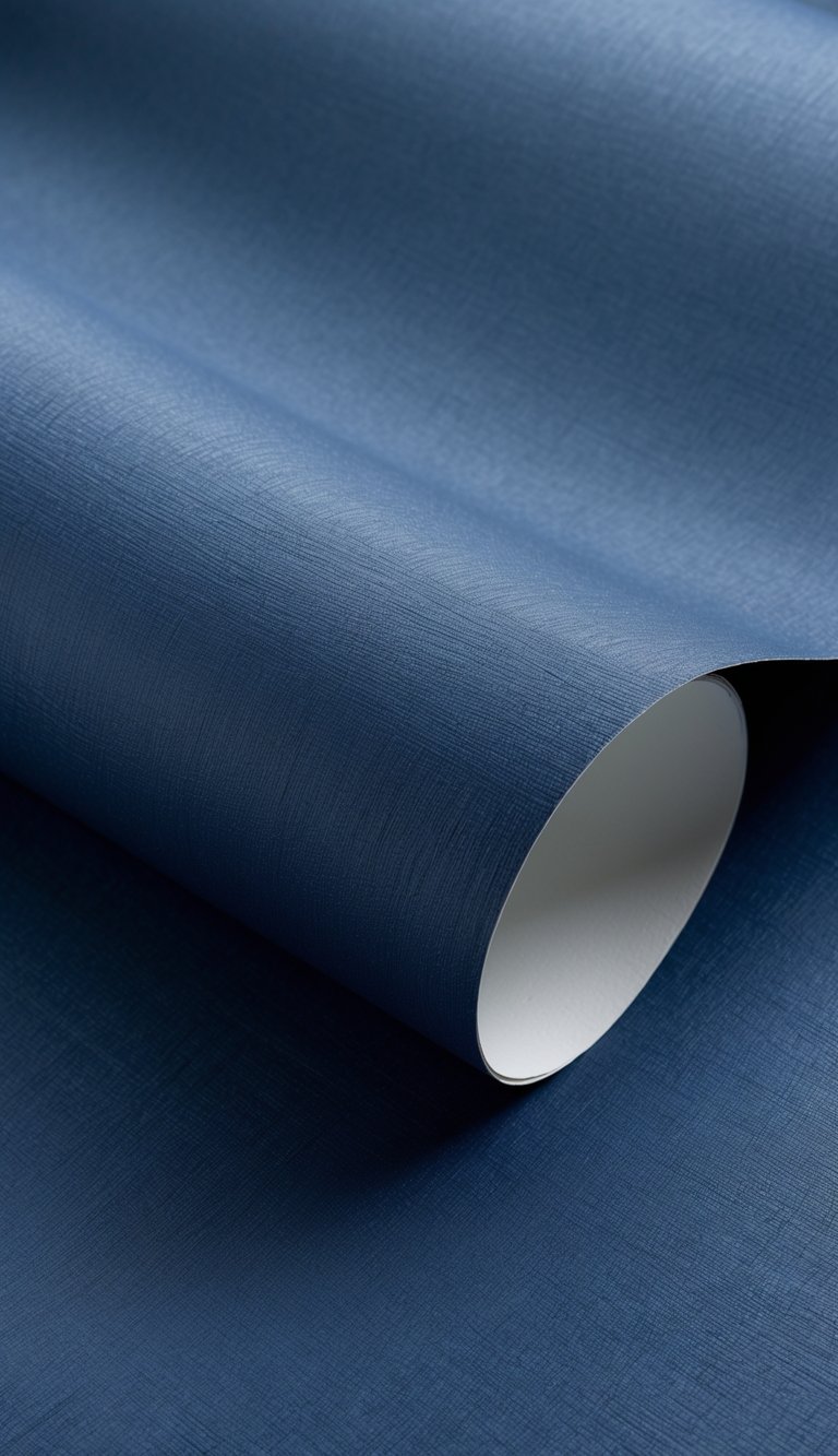 Close-up view of a navy blue textured wallpaper with a fabric-like pattern.