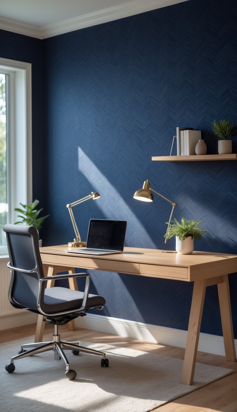 A home office with a navy blue chevron patterned wallpaper behind a wooden desk with a laptop, lamp, plant, and books.