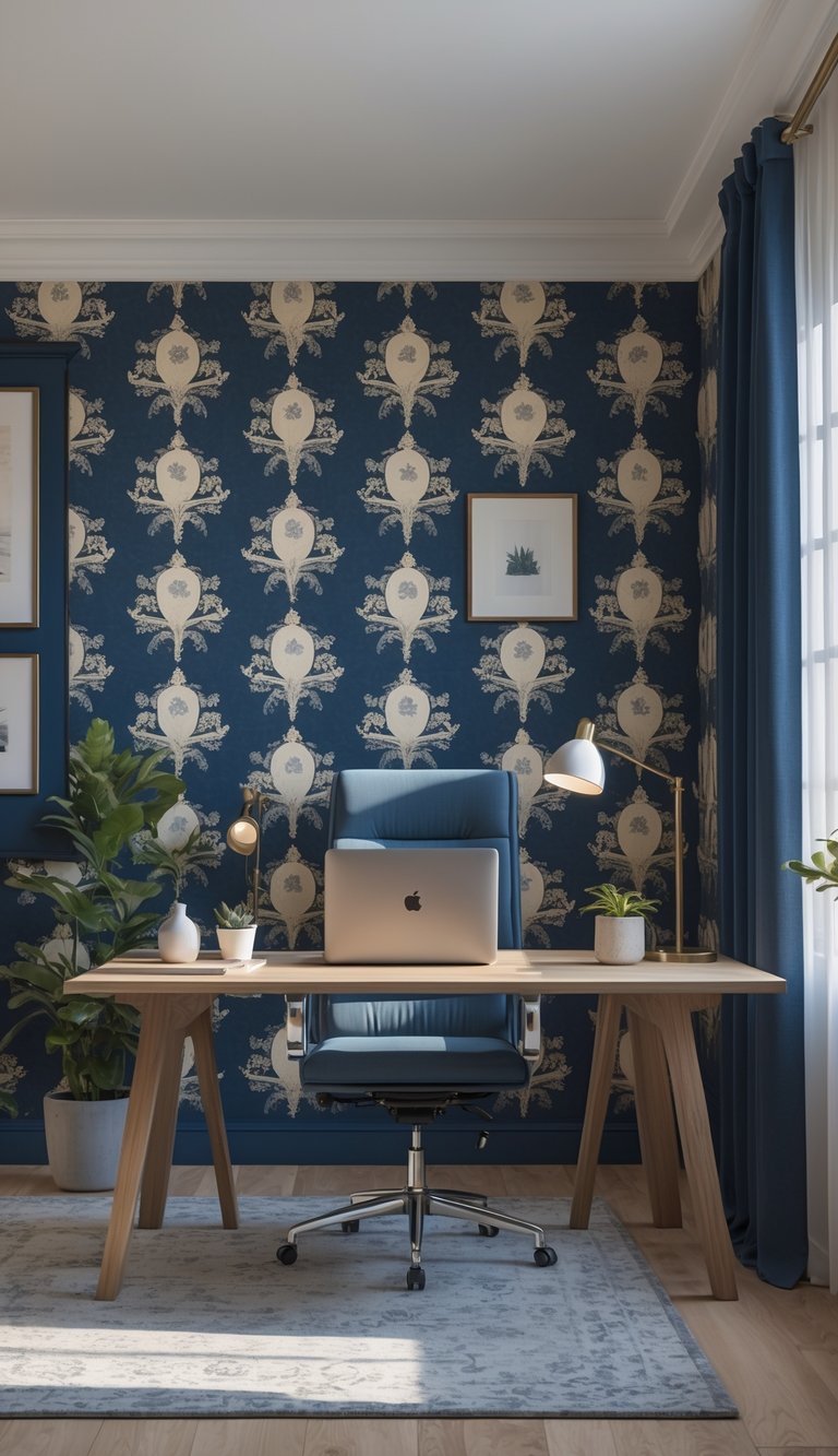 A home office with a wooden desk, laptop, desk lamp, ergonomic chair, and navy blue and cream patterned wallpaper on the wall behind.