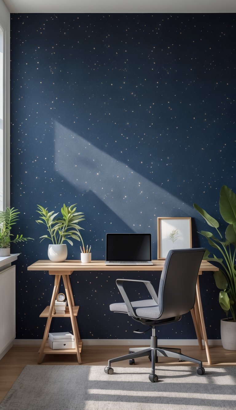 A modern home office with a dark blue wall featuring small light specks, a wooden desk, chair, laptop, and a plant near a window with natural light.