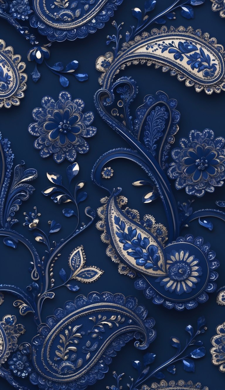 Close-up of navy blue wallpaper with detailed paisley patterns.