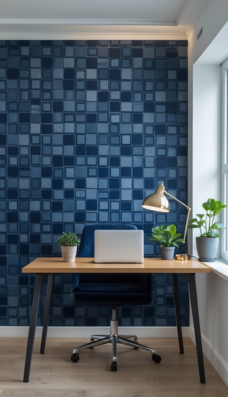 A home office with a wooden desk, laptop, plant, and a navy blue patterned wall in the background.