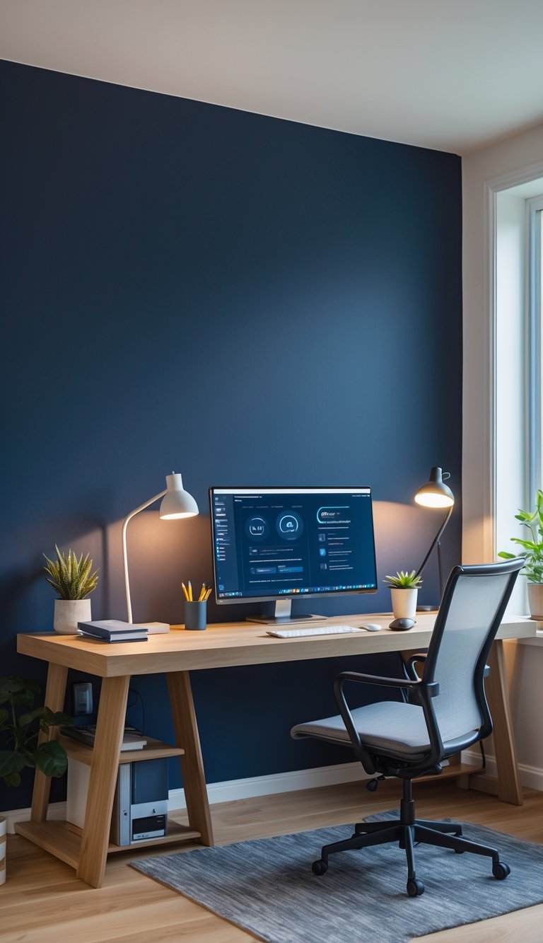 A modern home office with a wooden desk, computer monitor, desk lamp, and a smooth navy blue wall in the background.