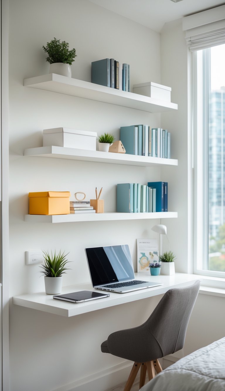 A bright bedroom home office with floating shelves above a desk holding books and decor, designed for efficient vertical storage.