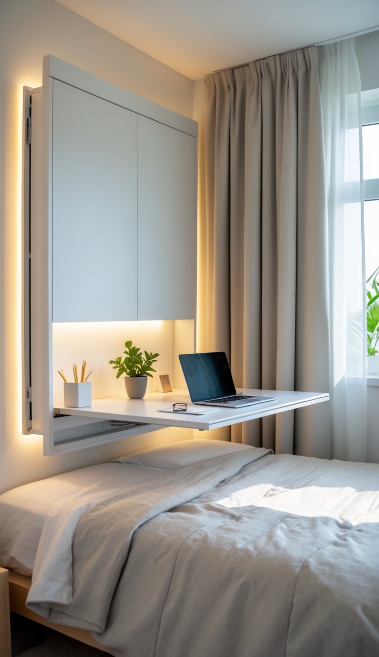 A bedroom with a fold-away wall desk pulled down, showing a neat workspace with a laptop and plant next to a made bed.