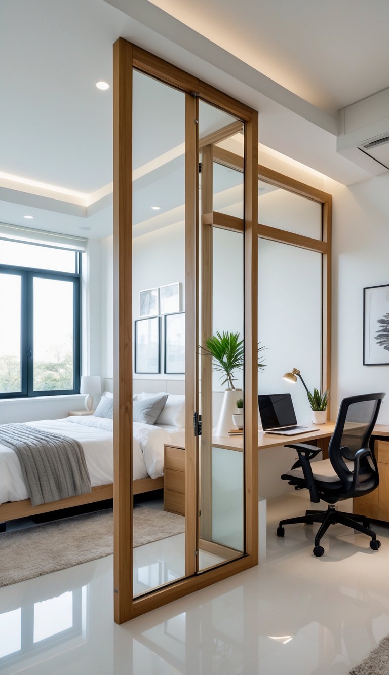 A bedroom with a bed separated from a home office desk by a modern room divider.