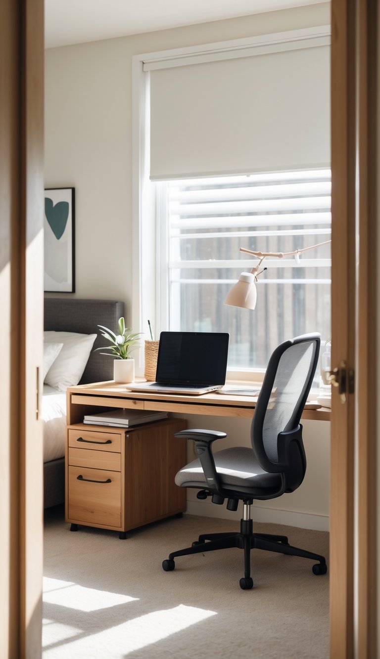 A bedroom home office with a wooden desk, compact filing cabinet underneath, ergonomic chair, and a bed in the background.