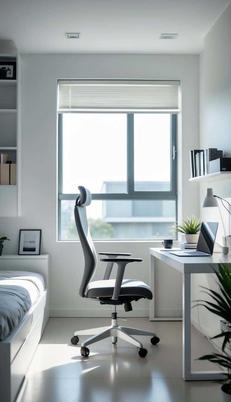 A bedroom home office with a slim-profile chair at a compact desk near a window, featuring a laptop, bookshelf, and a potted plant.