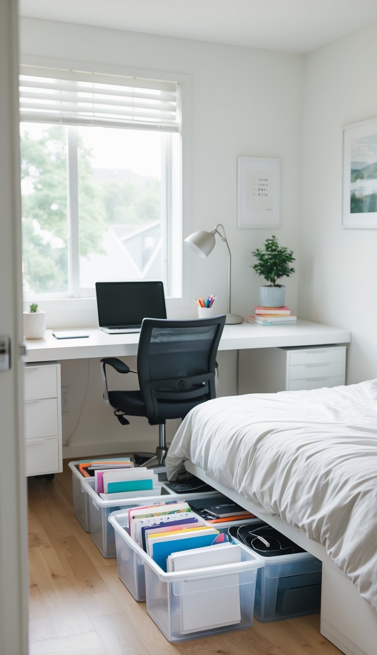 A bedroom home office with under-bed storage bins containing office supplies, a desk with a laptop, and natural light coming through a window.