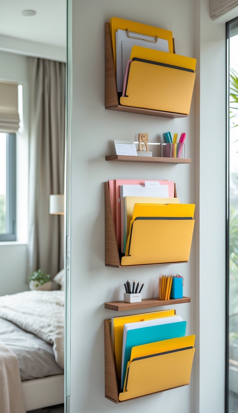 A bedroom with a home office corner featuring wall-mounted organizers holding files and stationery above a desk next to a bed.