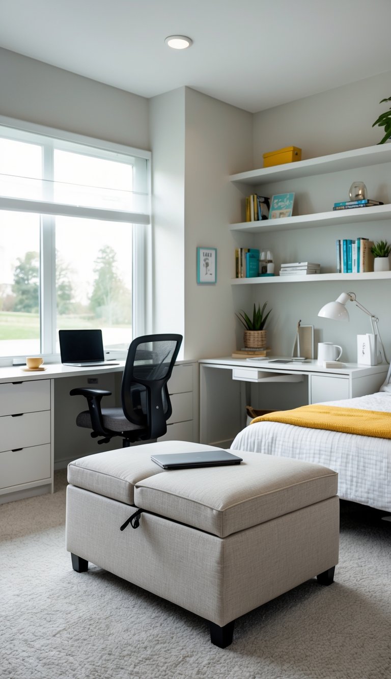 A bedroom home office with an ottoman that has storage, a desk with a laptop, and natural light coming through a window.