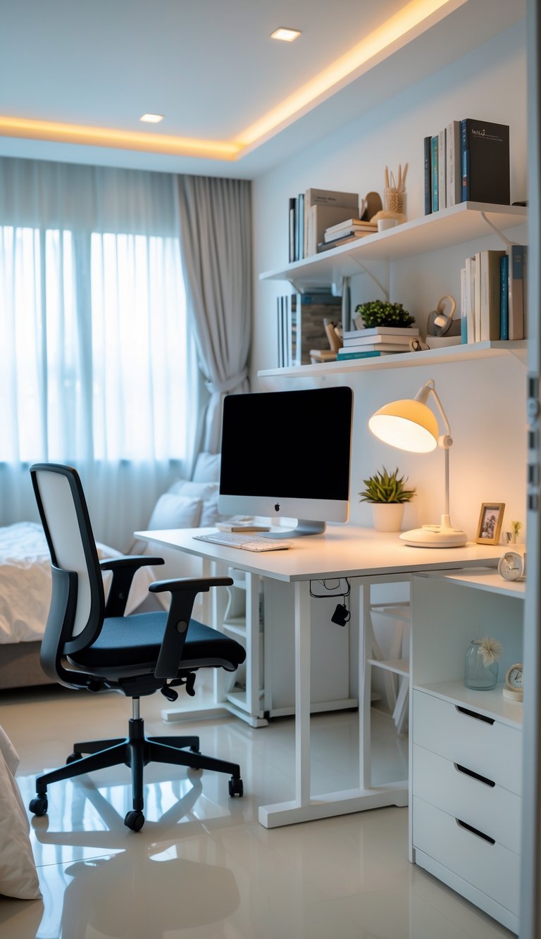 A bedroom converted into a home office with a desk, computer, ergonomic chair, bed, shelves, and soft adjustable lighting.