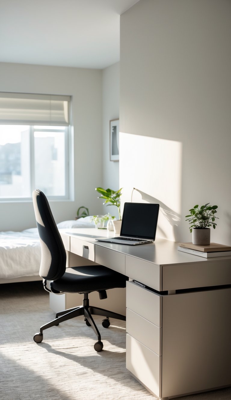 A bright bedroom home office with a minimalist desk featuring built-in drawers, a chair, and a bed in the background.