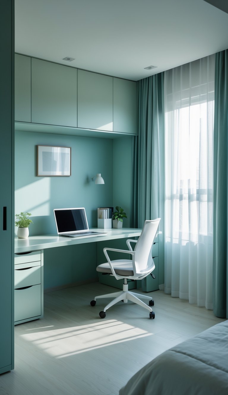 A bedroom with a compact home office setup featuring a desk, chair, laptop, and natural light from a window, decorated in calming colors.