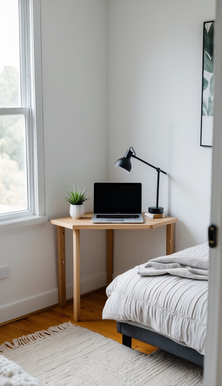 A small home office nook with a corner desk, laptop, desk lamp, plant, and a bed in the background.