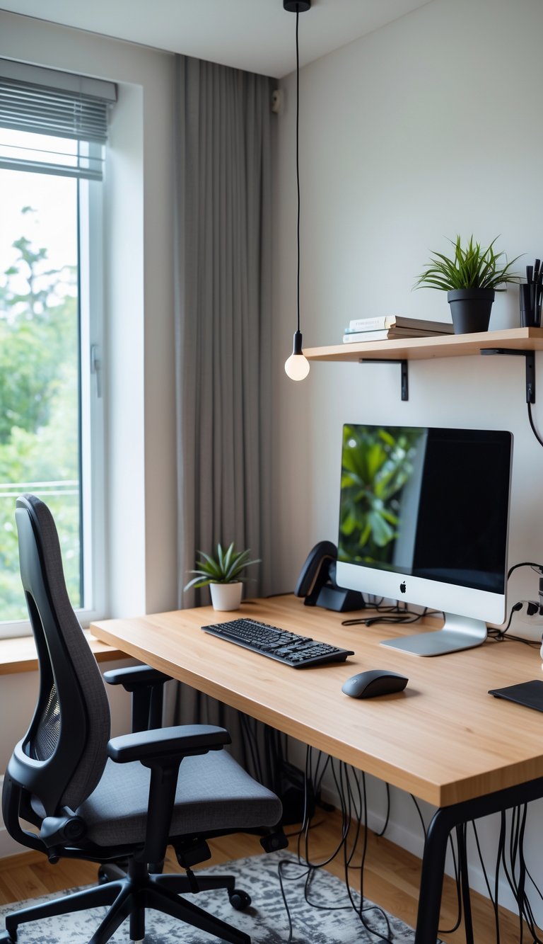 A tidy bedroom home office with a desk, laptop, monitor, and neatly organized cables using clips and sleeves.