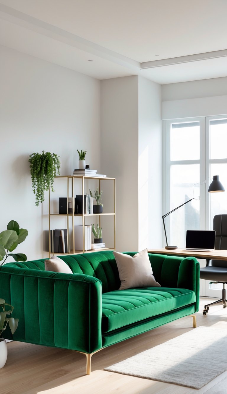 A home office with a green velvet sofa, desk with laptop, chair, bookshelf, and floor lamp in a bright room.