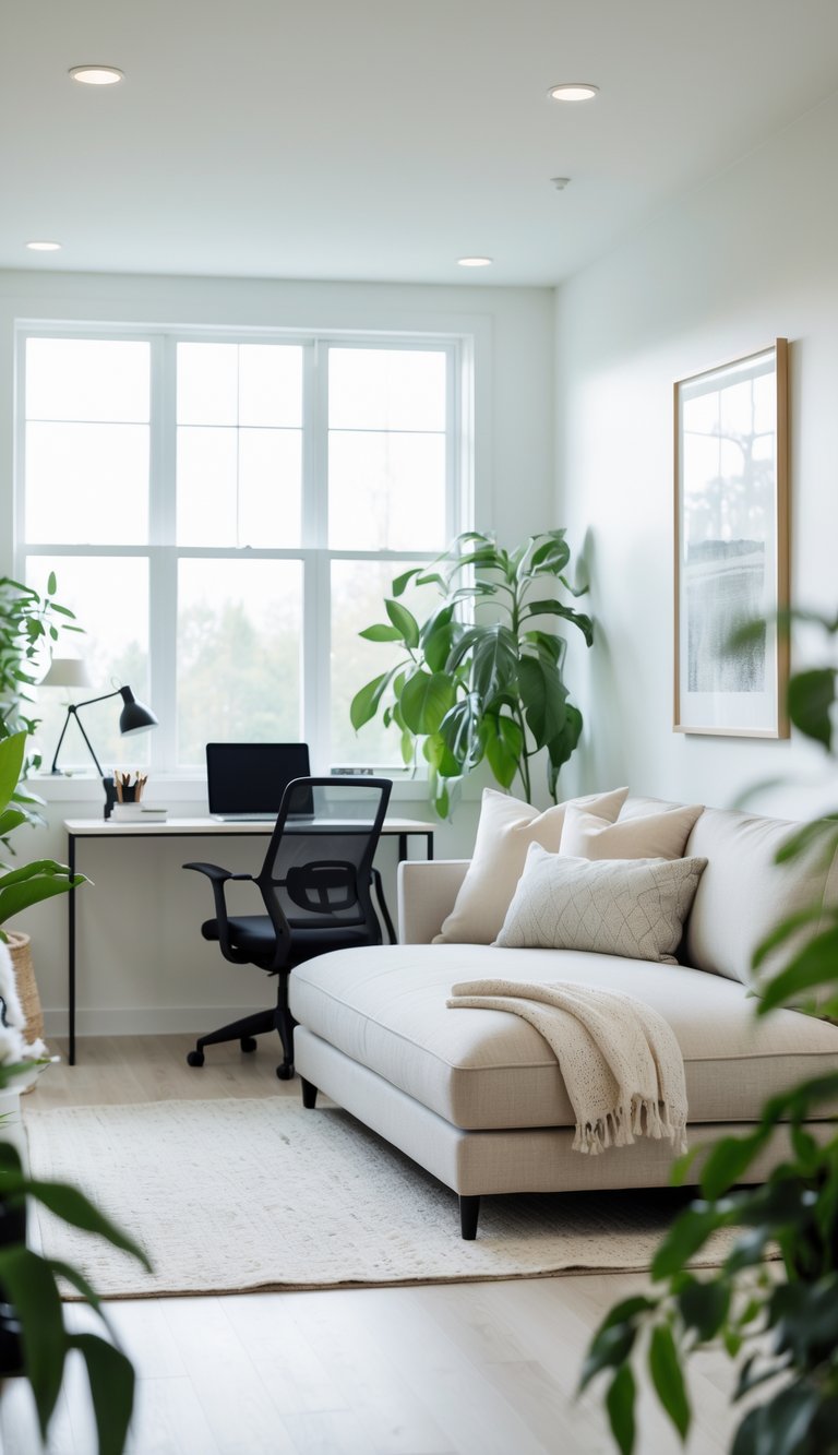 A spacious home office with a chaise lounge couch near a window, a desk with a laptop, and plants around.