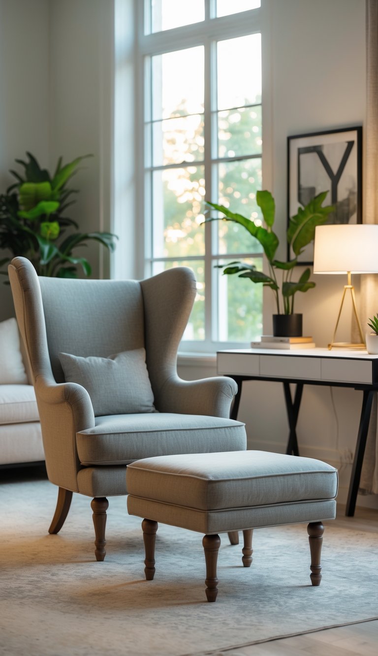 A home office with a wingback chair and ottoman next to a couch, a desk, and plants in a well-lit room.