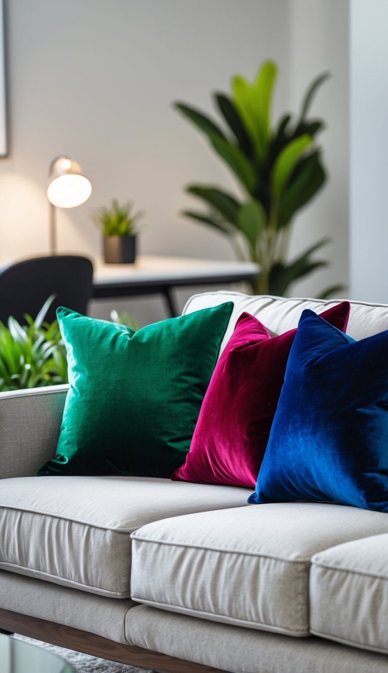 A neutral couch with colorful velvet throw pillows in a home office setting with a desk and plants.