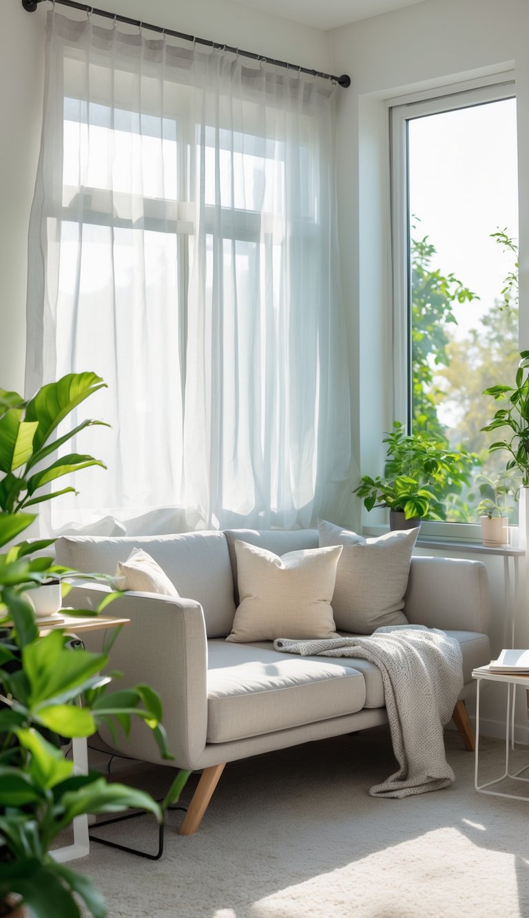 A home office area with a comfortable couch positioned near a large window letting in natural light, accompanied by a side table holding a laptop and a plant.