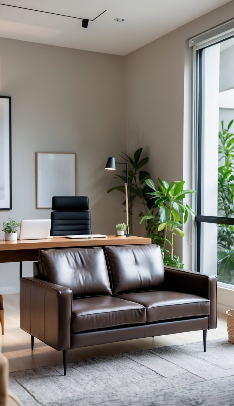A home office with a leather loveseat next to a desk, a chair, plants, and a window letting in natural light.