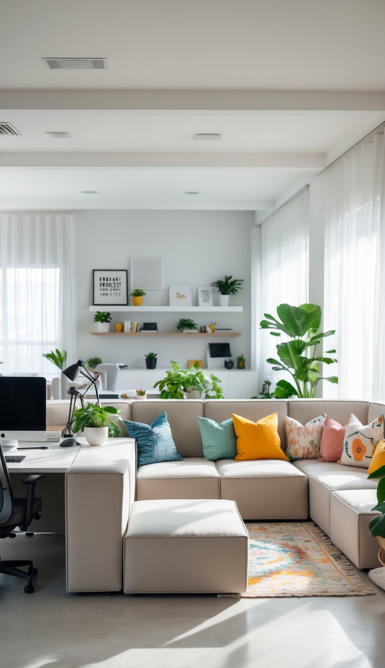 A home office with a modular sectional couch, desk with computer, and natural light coming through large windows.