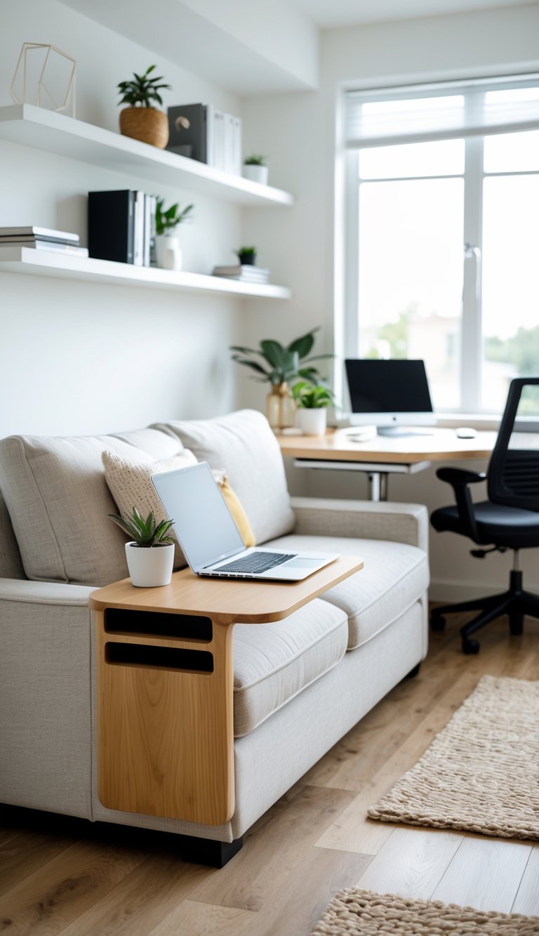 A home office with a couch that has a built-in side table holding a laptop, coffee cup, and plant, surrounded by shelves and a desk.
