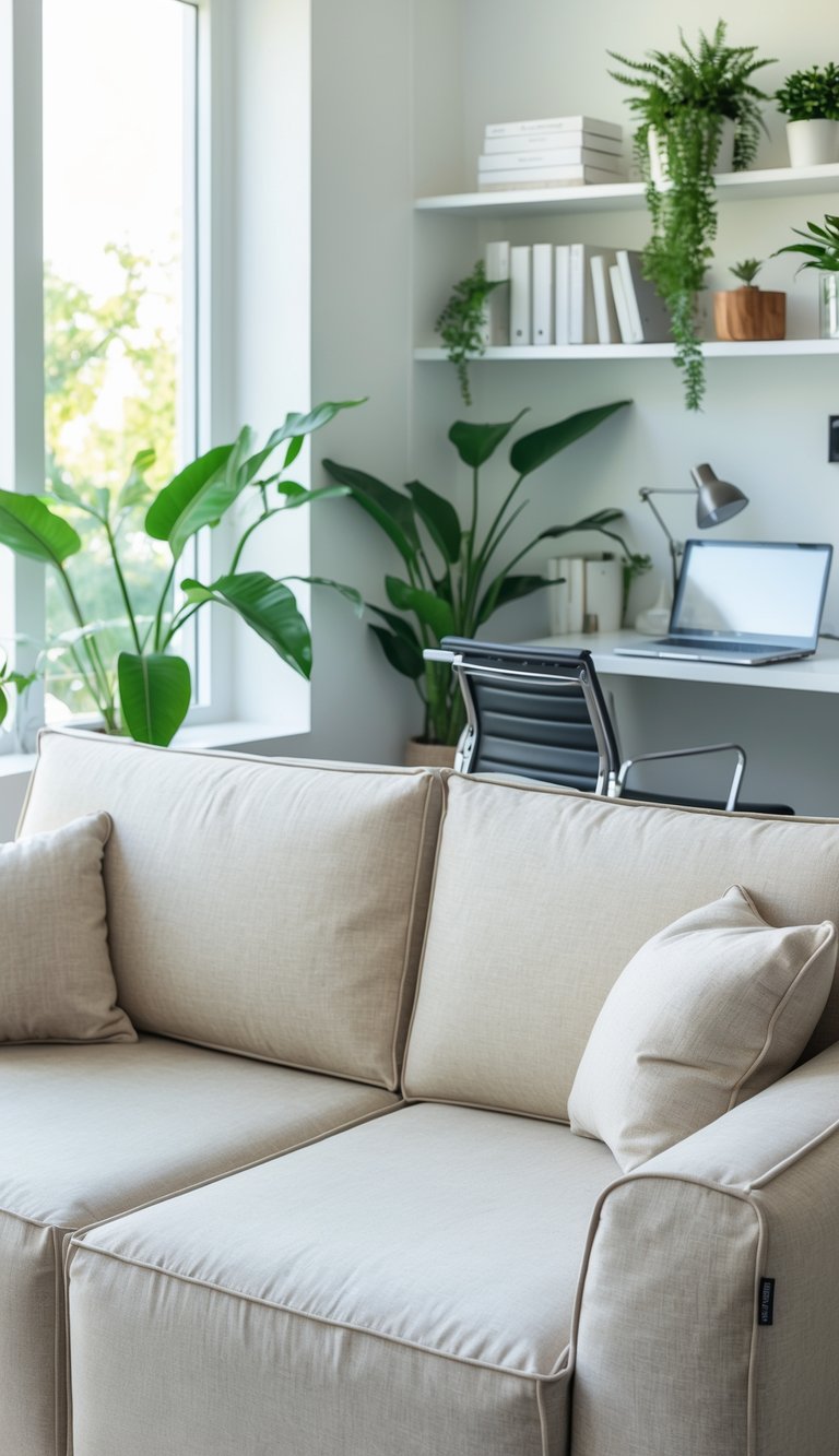 A home office with a couch that has removable covers, a desk with a laptop, and indoor plants.