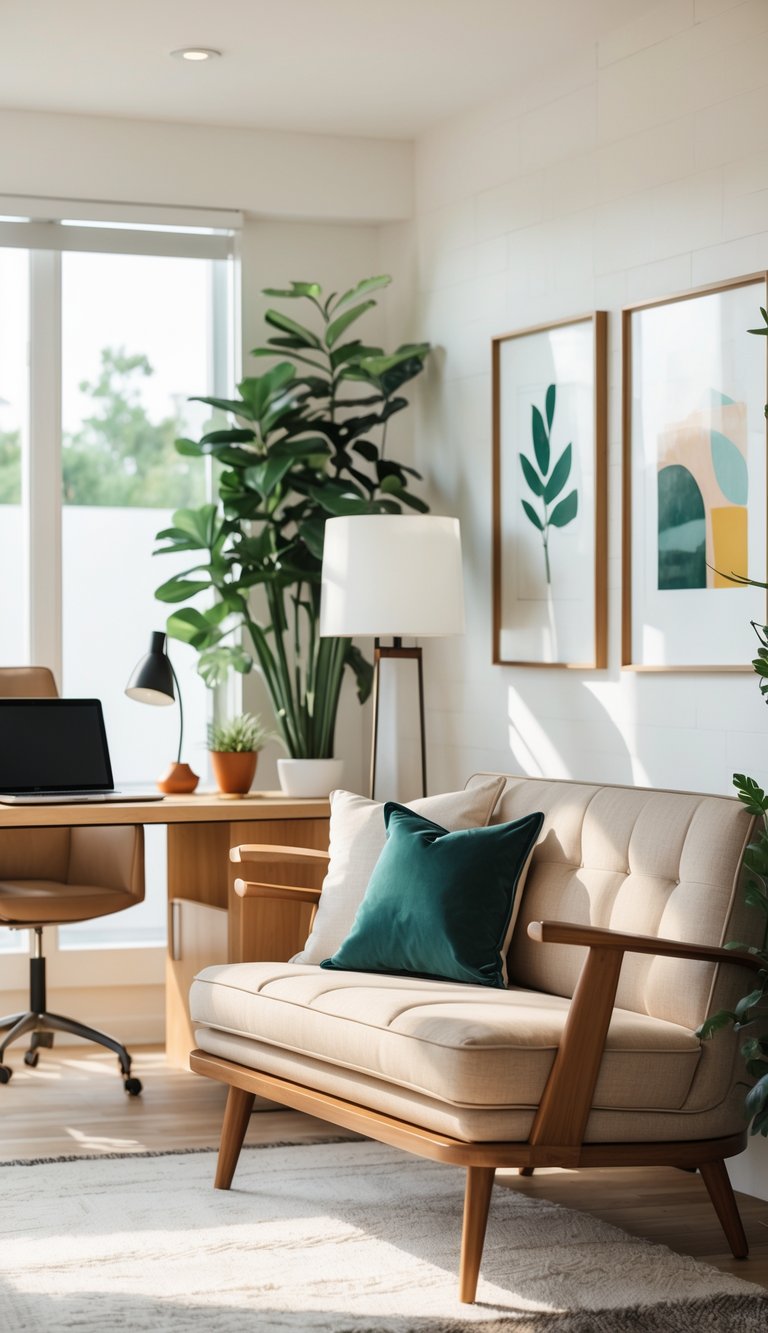 A bright home office with a couch, desk with laptop, chair, plants, and artwork on the wall.