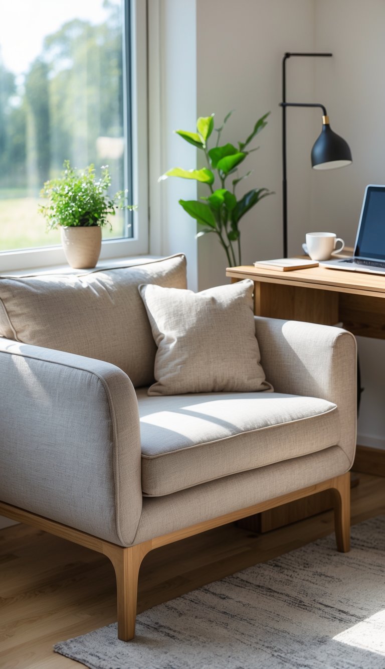 A cozy fabric loveseat placed near a desk in a bright home office with a laptop and a cup of coffee.