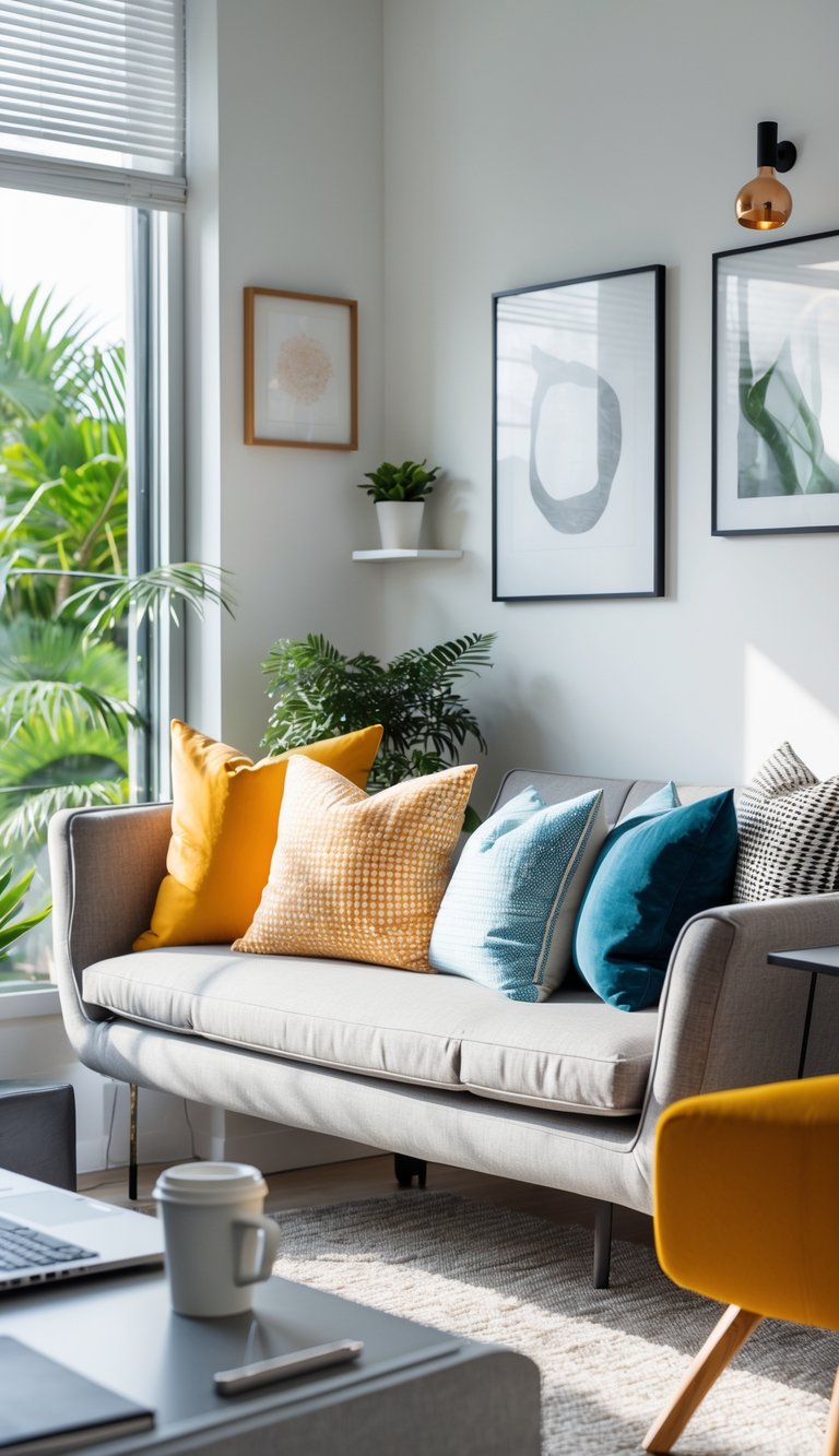 A home office with a couch decorated with colorful throw pillows, a desk with a laptop, and natural light coming through windows.