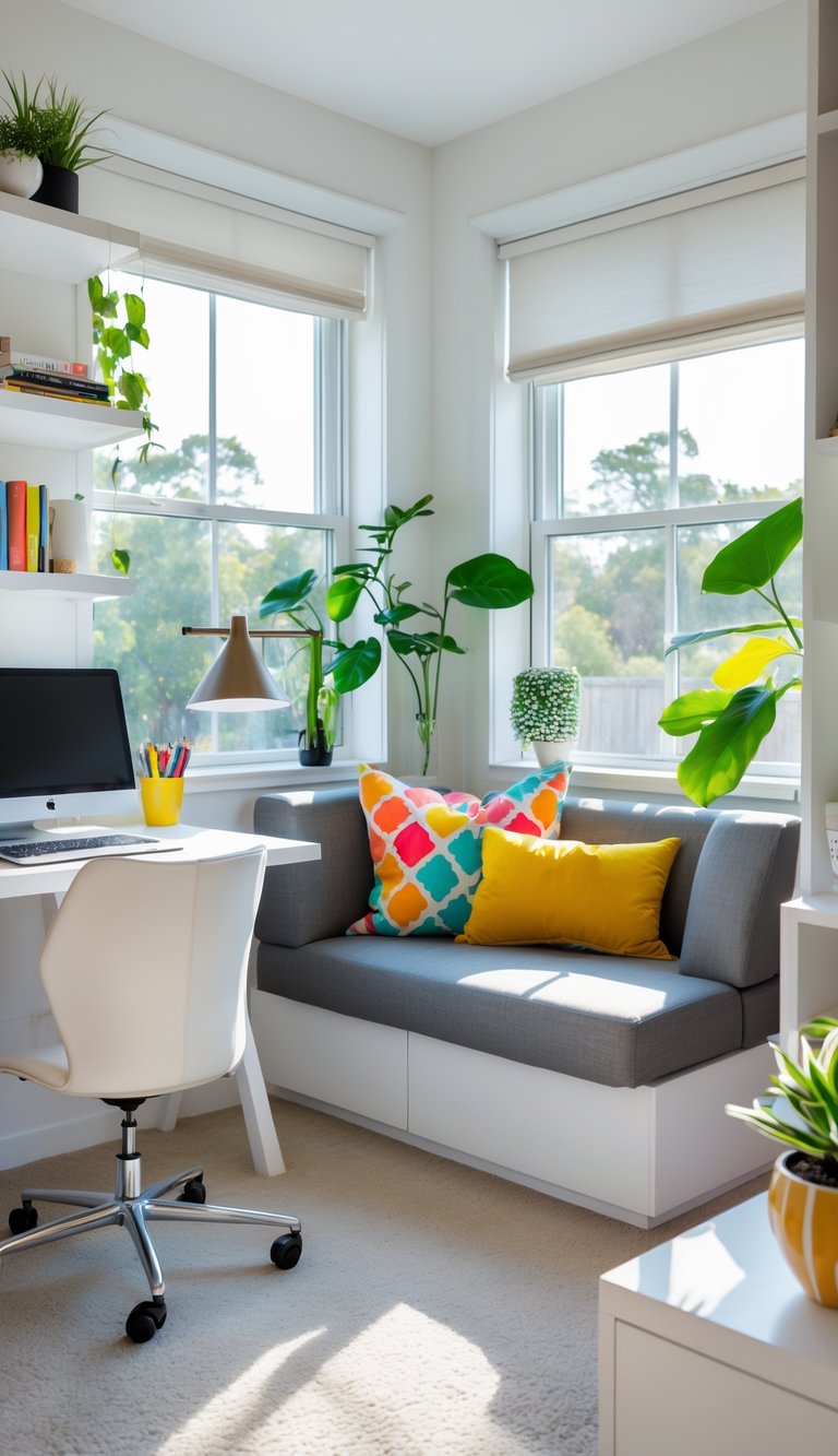 A home office with a small couch in a nook next to a desk, surrounded by shelves and natural light.
