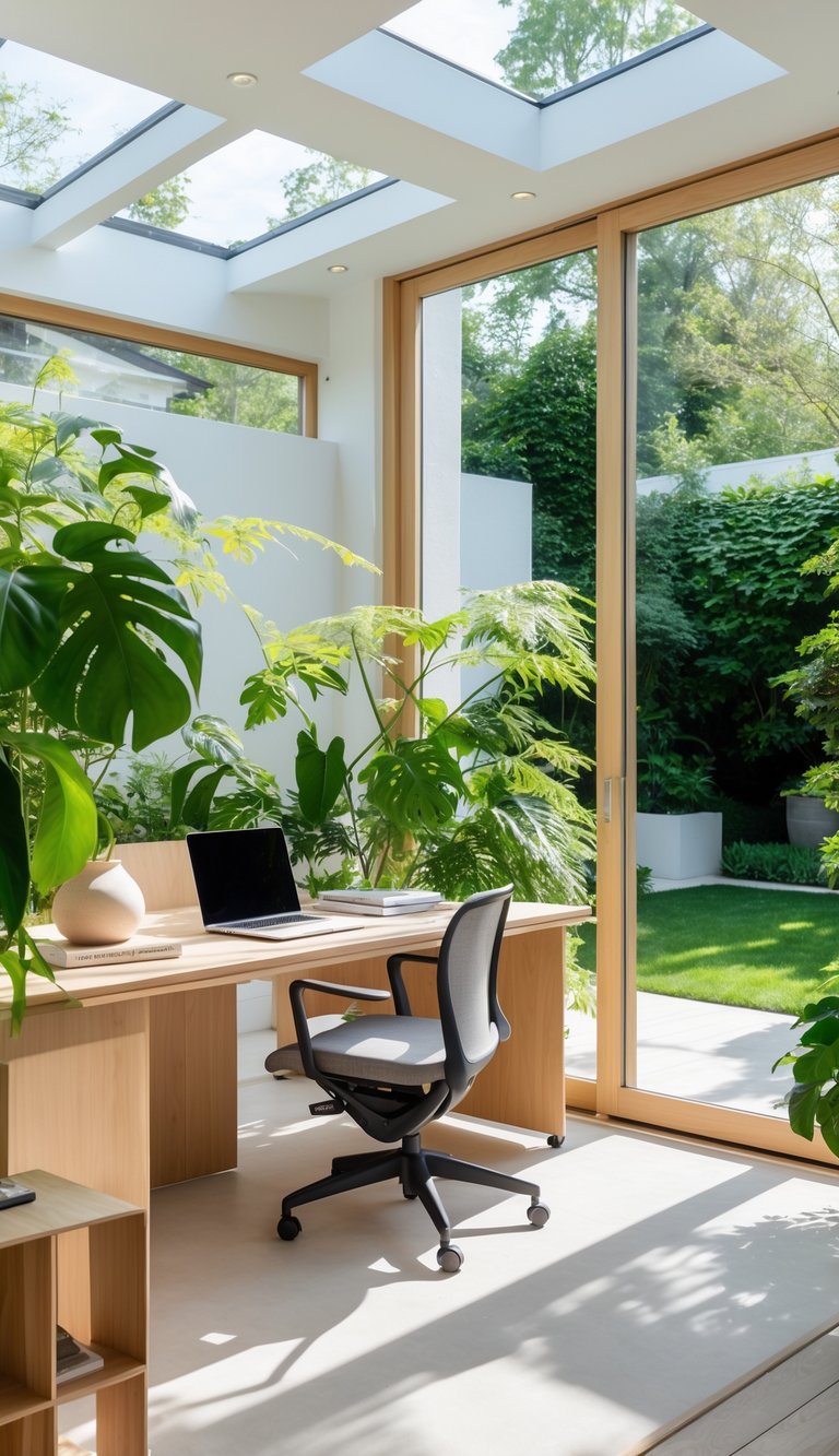 A bright home office with large windows and a skylight, featuring wooden furniture, green plants, and a desk with a laptop.