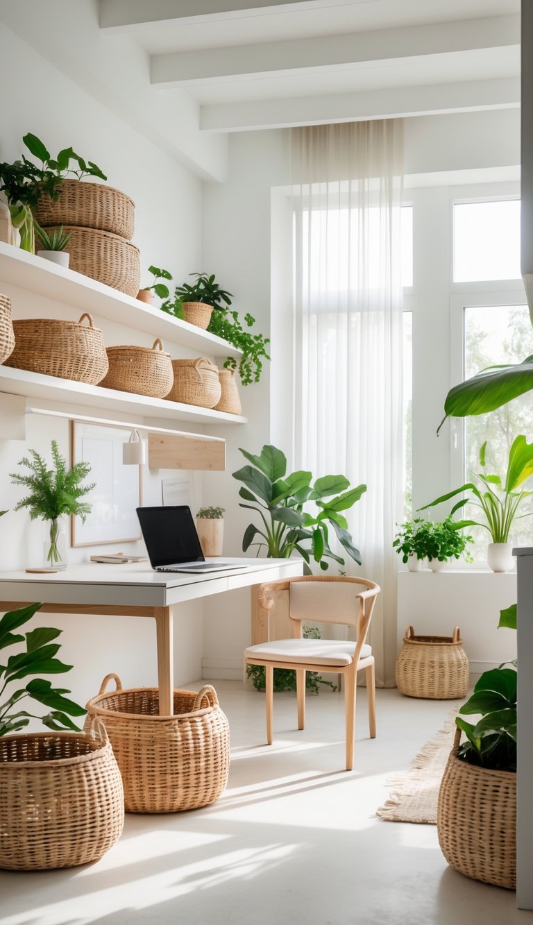 A modern home office with woven rattan baskets for storage, plants, a laptop on a desk, and natural light coming through windows.