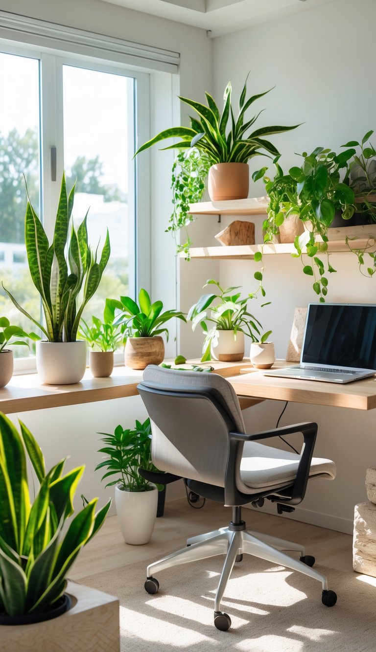 A modern home office with live green plants on shelves and near the desk, a wooden desk with a laptop, an ergonomic chair, and natural light coming through large windows.