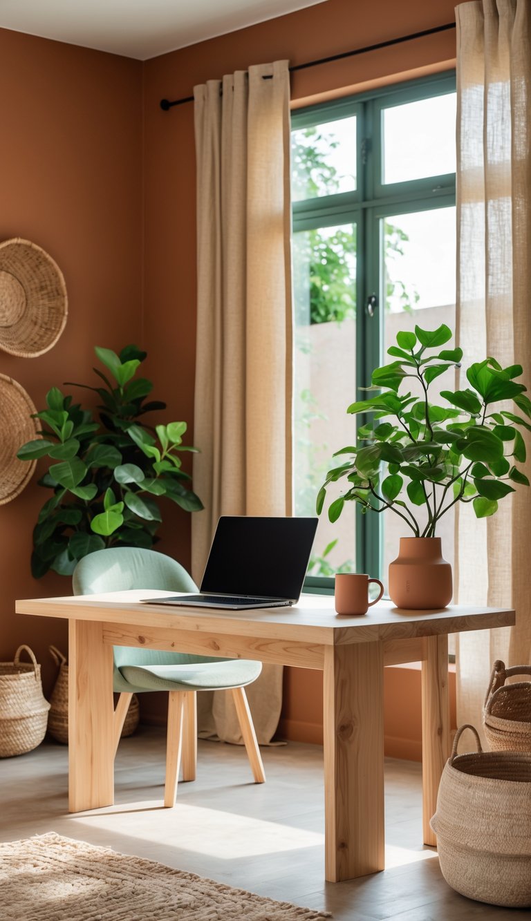 A bright home office with a wooden desk, laptop, potted plant, and earthy-colored decor including terracotta walls and green and beige accents.