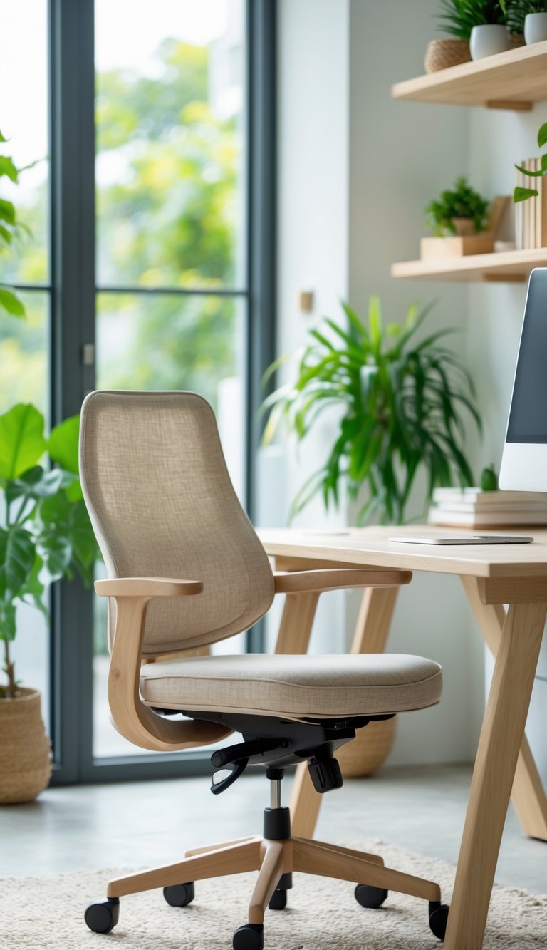 A bright home office with ergonomic linen-upholstered chairs, a wooden desk, green plants, and natural light from large windows.