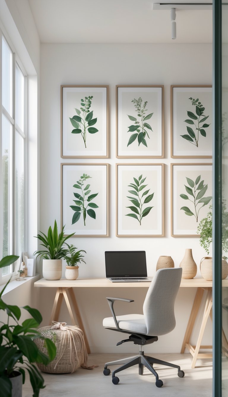 A bright home office with a wooden desk, laptop, ergonomic chair, potted plants, and botanical art prints on the walls.