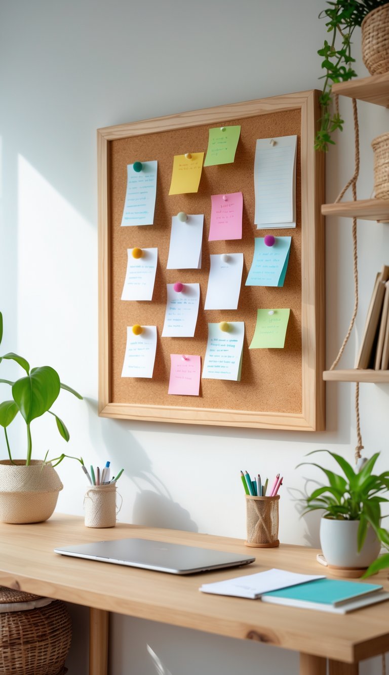 A modern home office with a wooden corkboard on the wall, a desk with a laptop, plants, and office supplies in a bright and organized space.