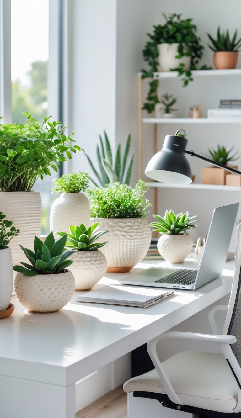 A modern home office desk with ceramic plant pots and textured vases holding green plants, illuminated by natural light from large windows.