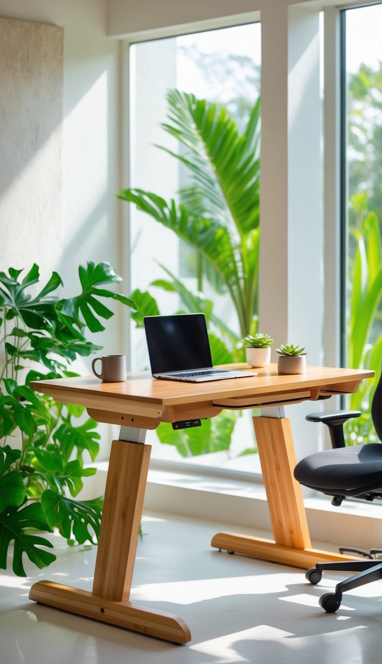 A home office with a bamboo standing desk converter on a wooden desk, surrounded by green plants and natural light.