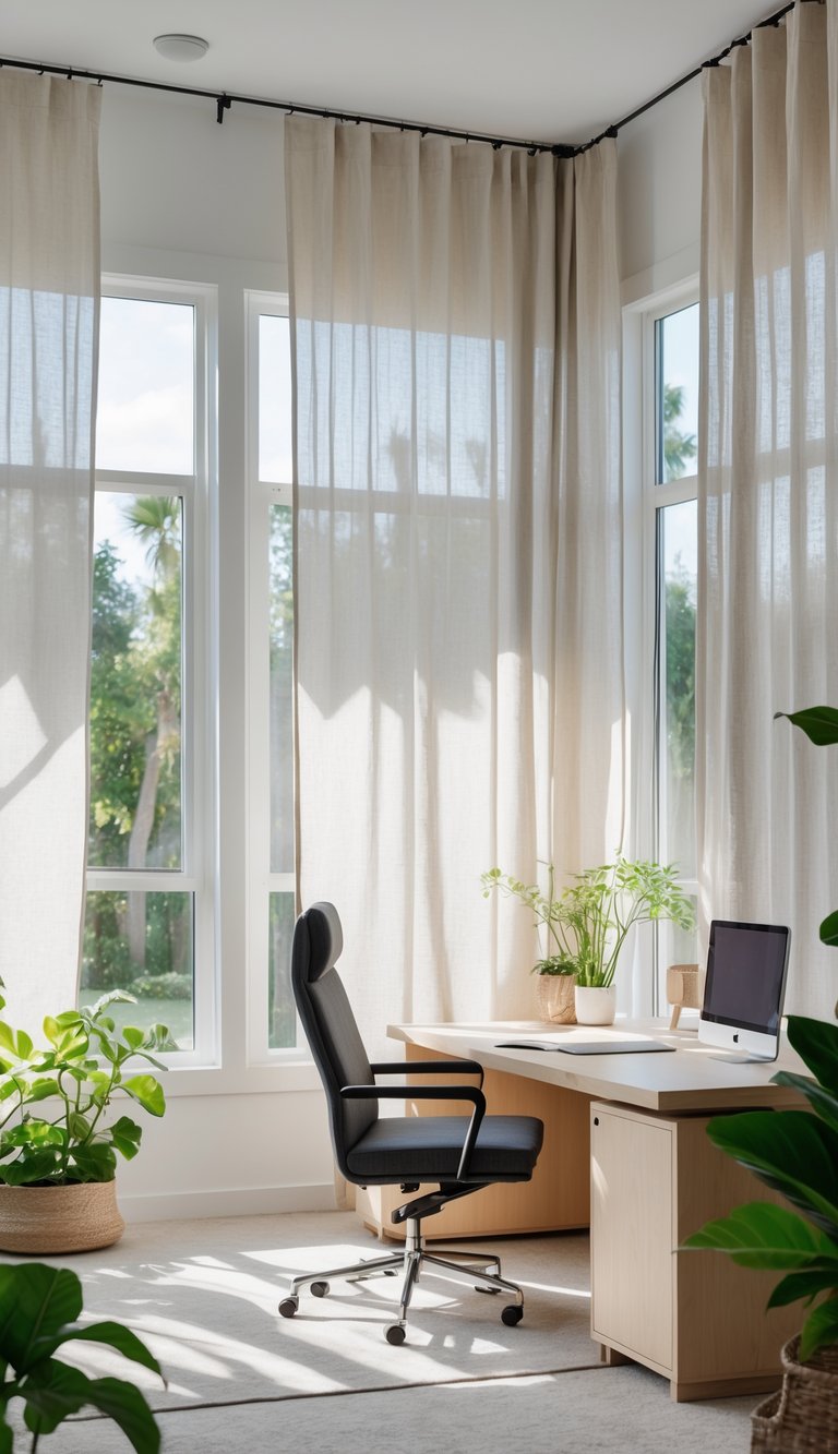 A home office with large windows covered by light linen curtains, a wooden desk, an ergonomic chair, and green plants.
