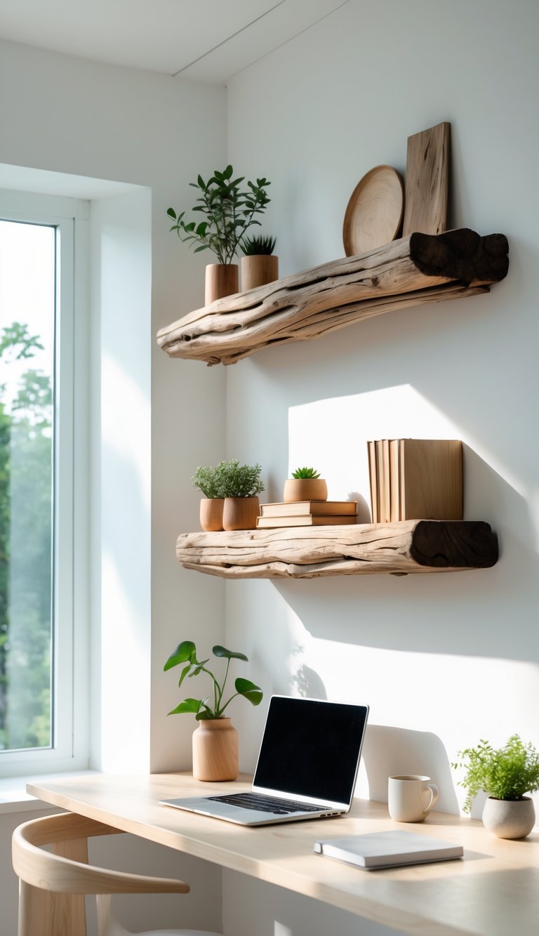 A bright home office with a driftwood shelf holding plants and decor above a wooden desk with a laptop and mug.
